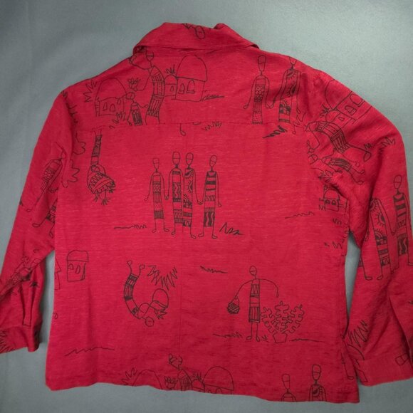 Chicos Design Shirt Womens 3 US XL Red Silk Linen Button Up Wearable Art African - Picture 6 of 11